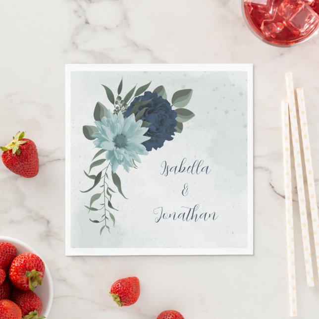 Dusty blue navy flowers botanical wedding napkin (Insitu)
