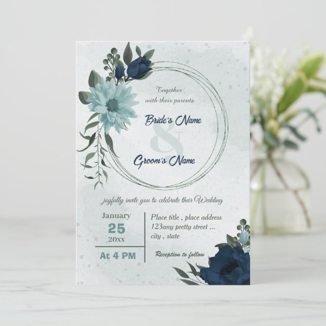 Dusty blue &navy flowers botanical wreath wedding  invitation (Standing Front)