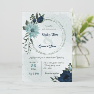 Dusty blue &navy flowers botanical wreath wedding invitation
