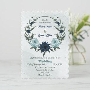 Dusty blue &navy flowers botanical wreath wedding  invitation