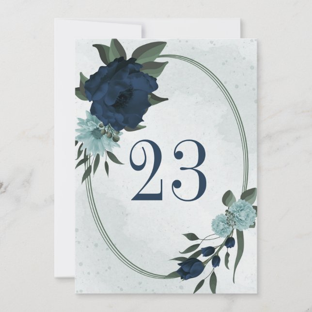 Dusty blue &navy flowers geometric table number (Front)