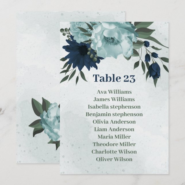 Dusty blue &navy flowers seating chart card (Front/Back)