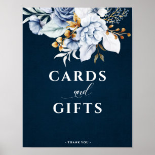 Dusty Blue Navy Gold Floral Wedding Cards & Gifts Poster