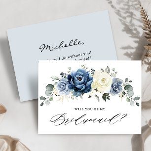 Dusty Blue Navy Greenery Will you be my Bridesmaid Invitation