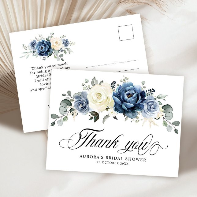 Dusty Blue Navy Ivory Bridal Shower Thank you Postcard (Dusty Blue Navy Champagne Ivory Floral Bridal Shower Thank you Postcard)