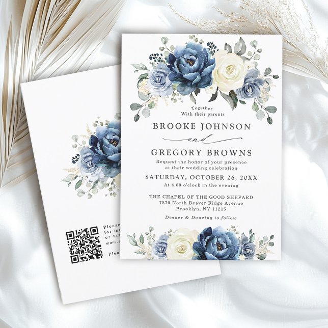 Dusty Blue Navy Ivory Floral Boho Wedding QR Code  Invitation (Dusty Blue Navy Ivory Floral Boho Wedding QR Code Invitation)