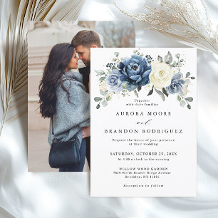 Dusty Blue Navy Ivory Floral Boho Wedding QR Code  Invitation
