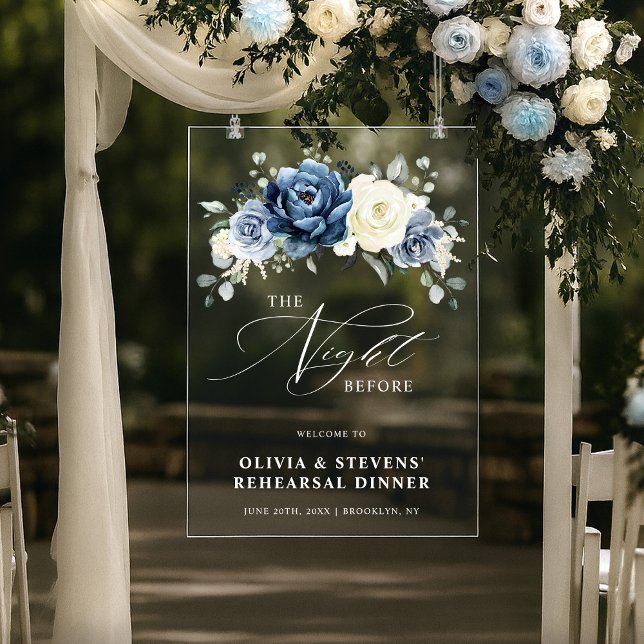 Dusty Blue Navy  Ivory Rehearsal Dinner Welcome Acrylic Sign (Dusty Blue Navy Ivory Rehearsal Dinner Welcome Acrylic Sign | the night before.)