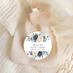 Dusty Blue Navy & Ivory Rose Floral Wedding Classic Round Sticker