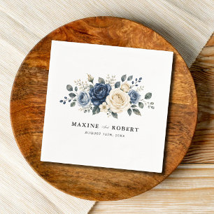 Dusty Blue Navy & Ivory Rose Floral Wedding Napkin