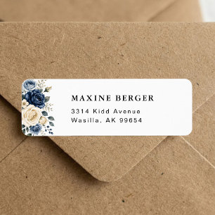 Dusty Blue Navy & Ivory Rose Floral Wedding Return Address Label