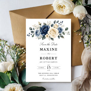 Dusty Blue Navy & Ivory Rose Floral Wedding Save The Date
