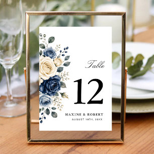 Dusty Blue Navy & Ivory Rose Floral Wedding Table Number
