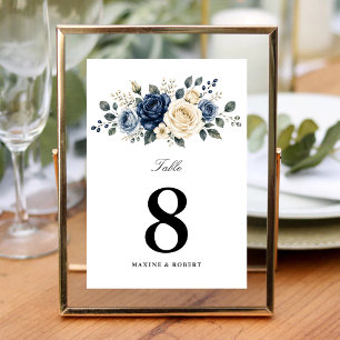 Dusty Blue Navy & Ivory Rose Floral Wedding Table Number