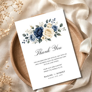 Dusty Blue Navy & Ivory Rose Floral Wedding Thank You Card