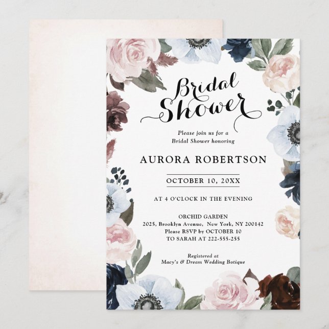 Dusty blue navy mauve and blush pink Bridal Shower Invitation (Front/Back)