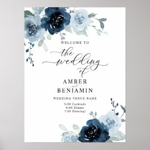 Dusty Blue Navy Pastel Boho Floral Wedding Welcome Poster