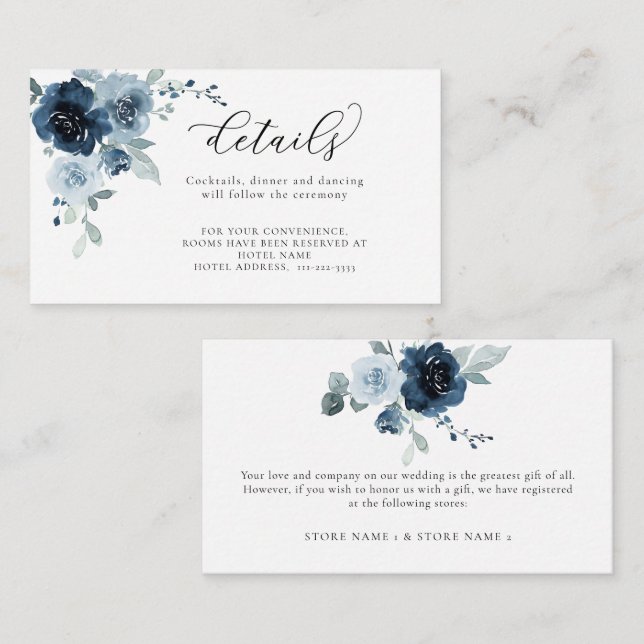 Dusty Blue Navy Pastel Floral Wedding Details Enclosure Card (Front/Back)