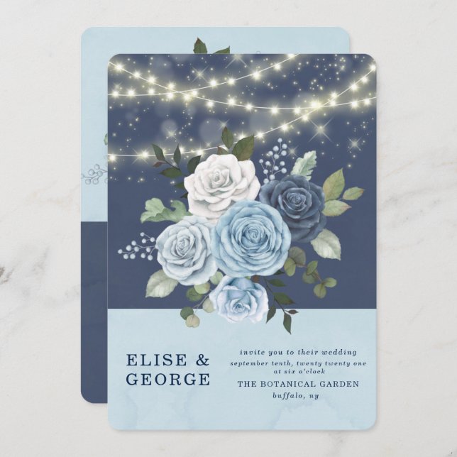Dusty Blue Navy Peony Country Lights Wedding Invitation (Front/Back)
