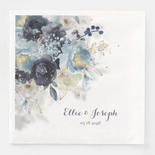 Dusty Blue Navy Peony Sparkling Gold Floral Napkin