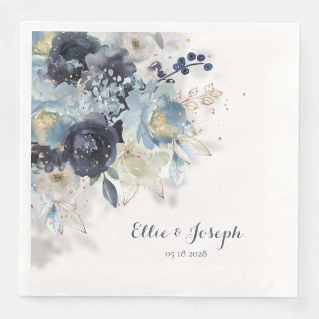 Dusty Blue Navy Peony Sparkling Gold Floral Napkin (Front)