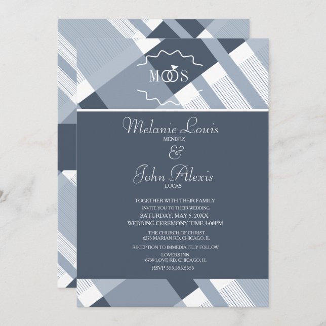 Dusty Blue Navy Plaid White Ring Logo Wedding Invitation (Front/Back)