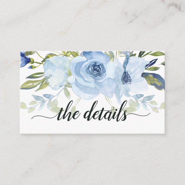 Dusty Blue Navy Rose Anemone Floral Wedding Detail Enclosure Card (Front)