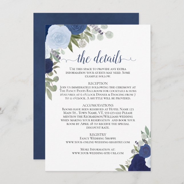 Dusty Blue & Navy Roses Rustic Wedding Details Enclosure Card (Front/Back)