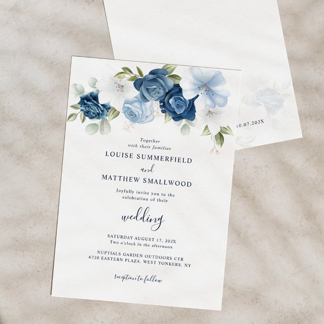 Dusty Blue Navy Script Floral Wedding Invitation (Dusty Blue Floral Script Modern Wedding Invitation)