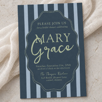 Dusty Blue Navy Striped Vintage Scalloped Shower Invitation