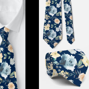 Dusty Blue Navy Watercolor Floral Roses Neck Tie