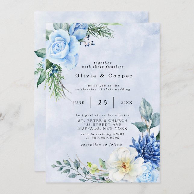 Dusty Blue Navy Watercolor Floral Wedding Invitation (Front/Back)