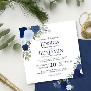 Dusty Blue & Navy Watercolor Roses Elegant Wedding Invitation