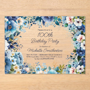 Dusty Blue Navy White Floral 100th Birthday  Acrylic Invitations