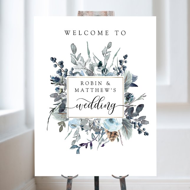 Dusty Blue, Navy White Floral Wedding Welcome Sign (Creator Uploaded)