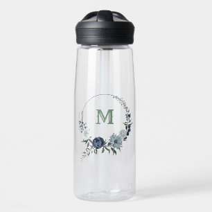 dusty blue, navy & white flowers greenery water bottle