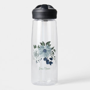 dusty blue, navy & white flowers greenery water bottle