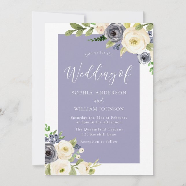 Dusty Blue Navy & White Flowers Wedding Invitation (Front)