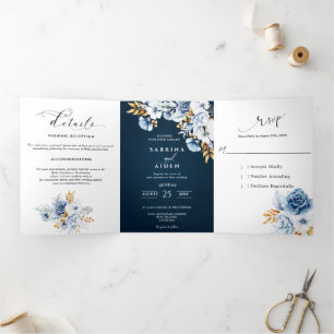 Dusty Blue Navy White Gold Floral Wedding Tri-Fold Announcement