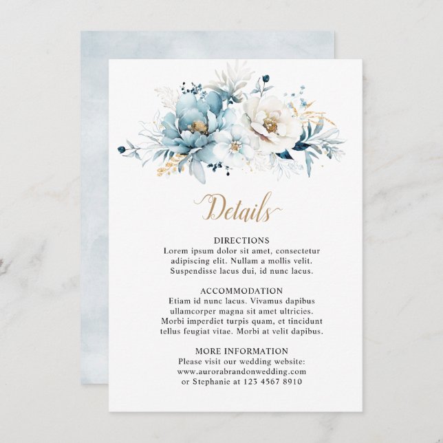 Dusty Blue Navy White Ivory Gold Floral Wedding  Enclosure Card (Front/Back)