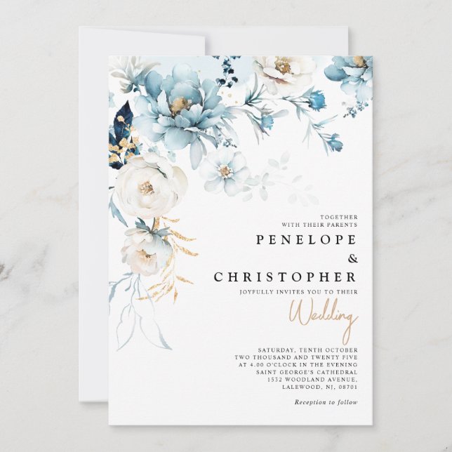 Dusty Blue Navy White Ivory Gold Floral Wedding In Invitation (Front)