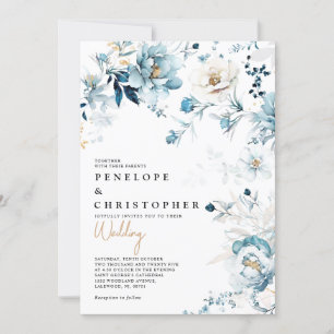 Dusty Blue Navy White Ivory Gold Floral Wedding Invitation