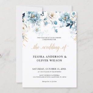 Dusty Blue Navy White Ivory Gold Floral Wedding Invitation