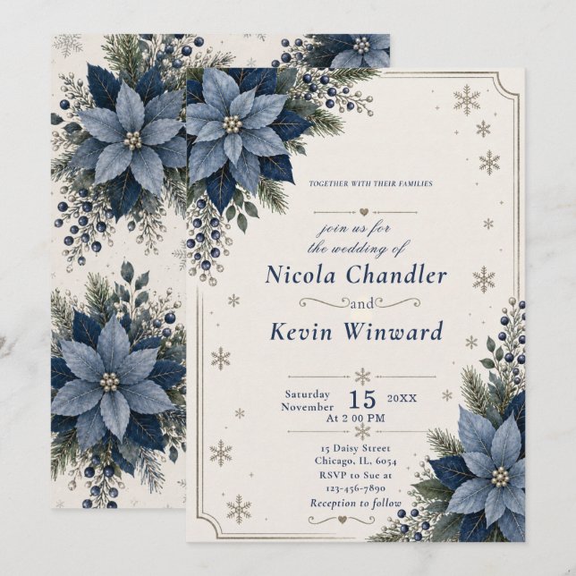 Dusty Blue Navy Winter Wedding Invitation (Front/Back)