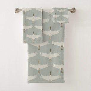 Dusty Blue Neutral Birds Cranes Art Deco Bath Towel Set