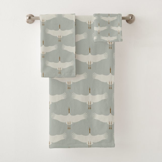 Dusty Blue Neutral Birds Cranes Art Deco Bath Towel Set (Insitu)
