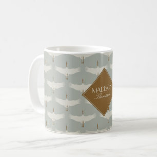 Dusty Blue Neutral Birds Cranes Art Deco Monogram Coffee Mug