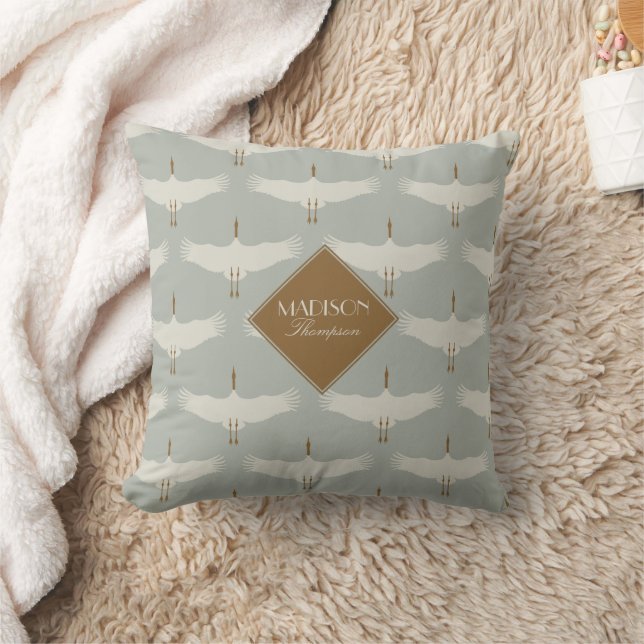 Dusty Blue Neutral Birds Cranes Art Deco Monogram Cushion (Blanket)