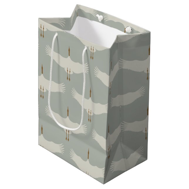 Dusty Blue Neutral Birds Cranes Art Deco Pattern  Medium Gift Bag (Front Angled)