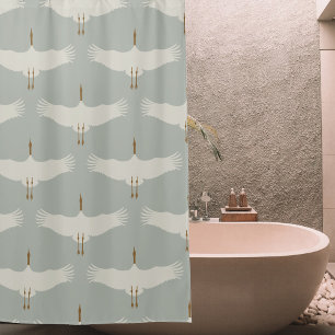 Dusty Blue Neutral Birds Cranes Art Deco Pattern  Shower Curtain